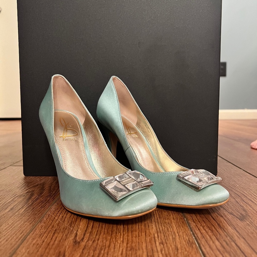 JOAN AND DAVID teal heels with rhinestone decor